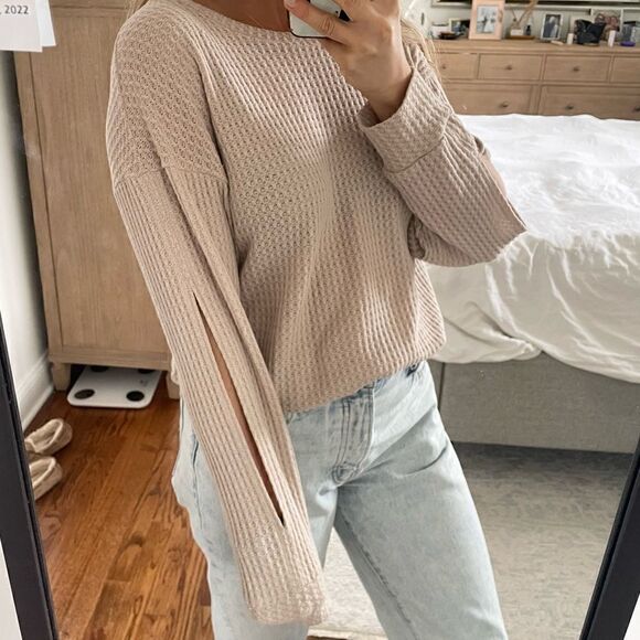 LNA Light Beige Thermal Long Sleeve Sweater Top with Elbow Slits - Picture 2 of 4